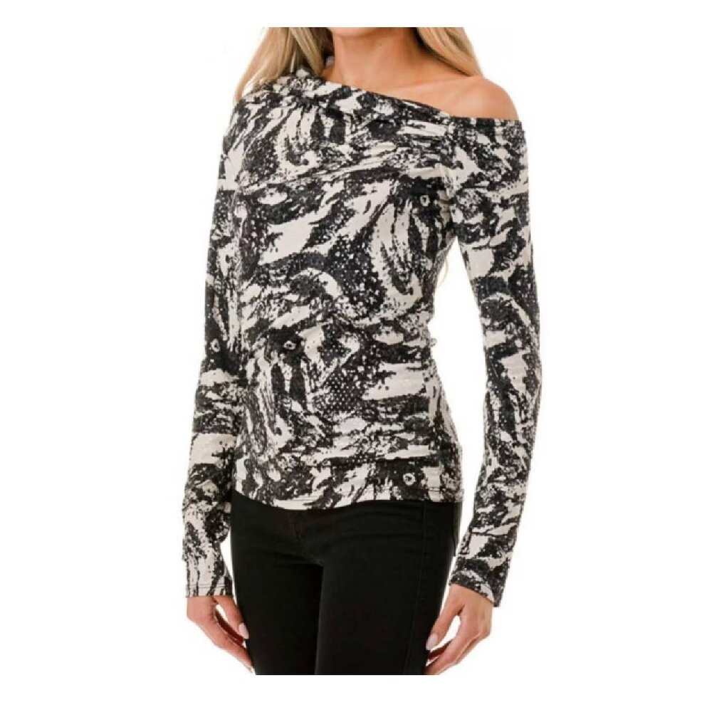 Ariella Open Shoulder Black White Sequin Ruch Long Sleeve Top NWT